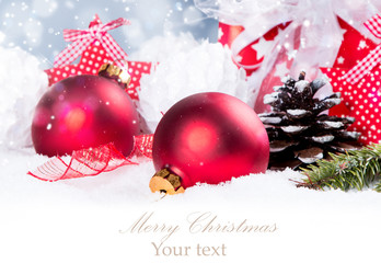 Fototapeta na wymiar Christmas background with a ornament on snow, Holiday decoration