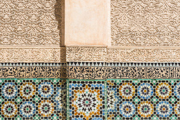 Wall with tiles of the Ben Youssef Medersa, Marrakech (Morocco)