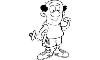 Black and white illustration of a weak man holding a dumbbell and making a muscle.