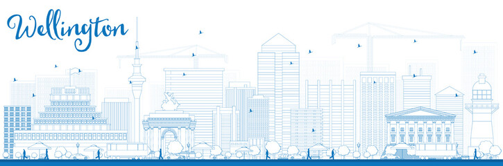 Outline Wellington skyline with blue buildings. Some elements have transparency mode different from normal