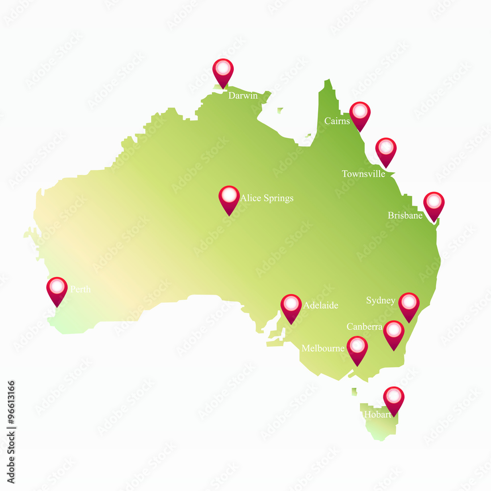 Poster australia map with markers on the map of big cities