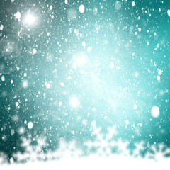 white falling snow on teal blue background, Merry Christmas or w