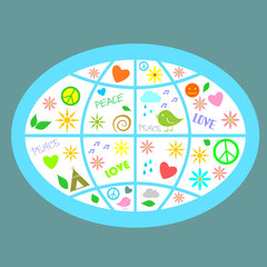 The symbol of the globe. Silhouette of globe icons and icon symbolizing peace and love. 