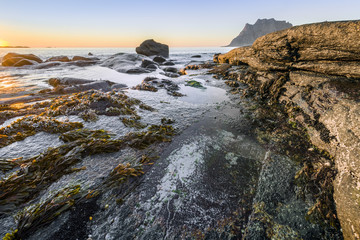 Utakleiv beach, Lofoten Island coastline, Norway
