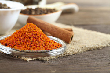  Background Pile of Red pepper spice and cinnamon on burlap. 