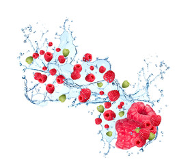 Fresh fruit in water splash, berry in motion, falling fruit in water 