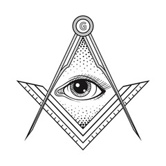 Masonic square and compass symbol with All seeing eye , Freemaso - 96615969