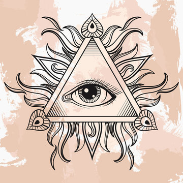 Vector All seeing eye pyramid symbol. Illumination tattoo. Vinta
