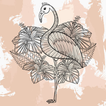 Zentangle Vector Flamingo In Hibiskus, Tattoo Design In Doodle S