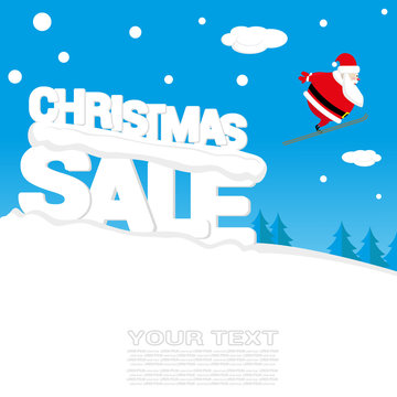 Vector banner Christmas sale with santa claus jumping on springboard and text from big letters on snow