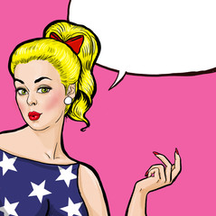 Pop Art blond girl with snapping hand  with speech bubble,.Pop Art girl. Party invitation. Birthday greeting card.Hollywood movie star.Vintage advertising poster. Comic woman with speech bubble. Sexy