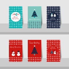 A set of Merry Christmas small cards and Happy New Year 2016 in blue, turquoise, navy blue, white and red colors background. 