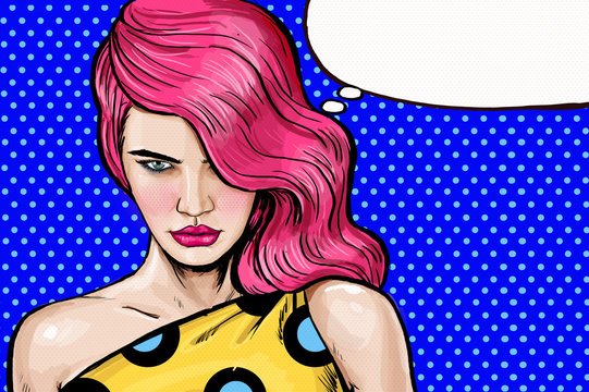 Pink head angry girl in Pop Art style.Pop Art girl.Advertising poster. Comic woman. Sexy seriously girl. Serious girl looking straight. Jealous woman. Jealous girl. Photo-model. Serious, angry look.