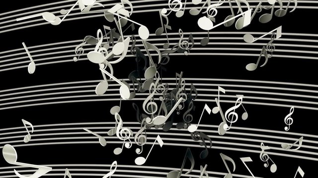 Abstract flying musical Notes in white color on black
