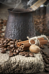 Coffee beans with spices and cezve