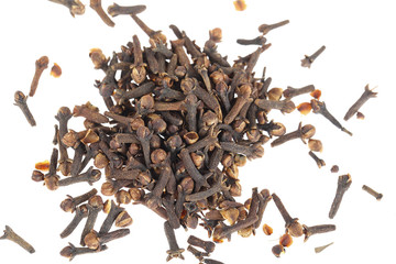 heap of dried cloves, isolated on white background. 
