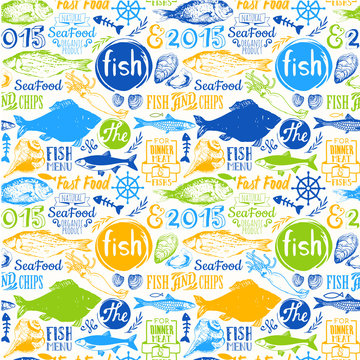 Seamless background with seafood symbols.