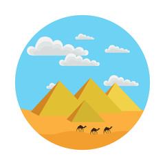 round icon style flat. it shows the Egyptian pyramids, clouds, sand, camels
