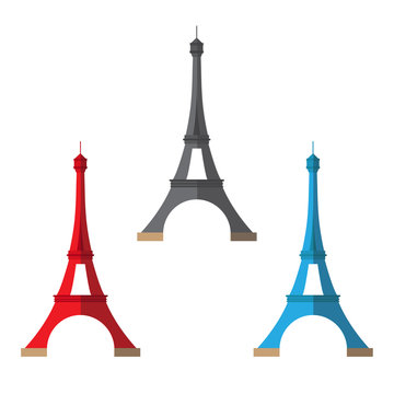 Three Eiffel Tower painted in different colors. flat design