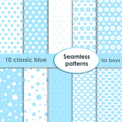 Set of classic blue seamless patterns with dots