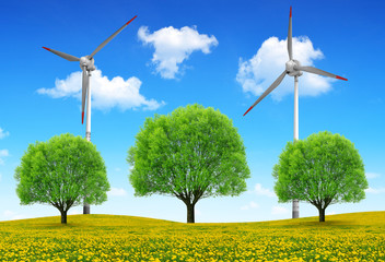 Trees with wind turbines on meadow. Spring landscape. © vencav