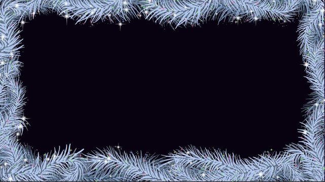 Border from gleaming, shining frozen pattern on dark window. Winter theme. Animation of colored sparkles