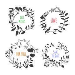 Lovely vector floral wreaths on white background. Round frames with nature elements: flowers, plants