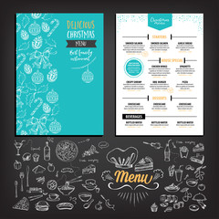 Naklejka premium Vector christmas restaurant brochure, menu design. Vector holiday template with xmas hand-drawn graphic. Happy New Year invitation flyer.