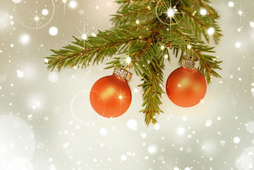Fototapeta na wymiar Christmas silver background with christmas balls, fir branch and lights 