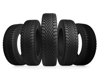 Five automobile tires isolated on white background.