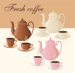 Obraz premium Set of insulated coffee pots and cups of coffee.