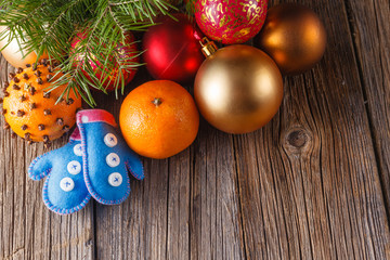  Balls with tangerines on rustic tabel