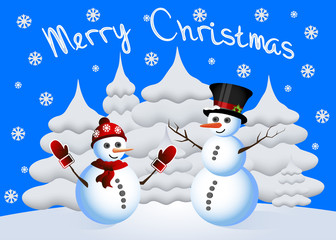 Christmas snowmen in hats against fir-trees