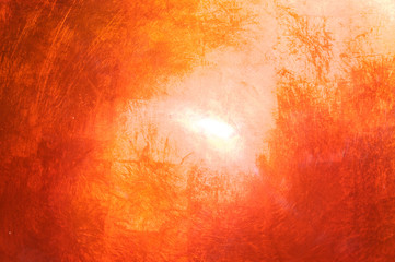 Abstract background of light reflecting on orange metallic surface.