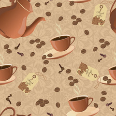 Seamless pattern with coffee pot, cups and coffee beans.