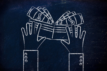 flat illustration of hands holding a wallet full of cash