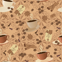 Seamless pattern with cups of coffee  and coffee beans.