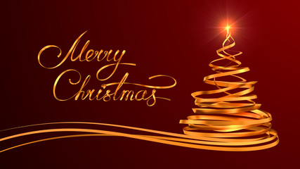 Gold Text Design Of Merry Christmas And Christmas Tree From Gold Tapes Over Red Background
