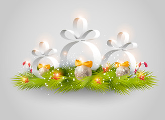 Illustration with christmas balls on branches