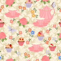 Seamless pattern with teapots, cups, cupcakes, flowers and butterflies.