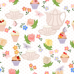 Seamless pattern with teapots, cups, cupcakes, flowers and butterflies.
