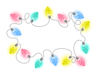 Vector illustration of Christmas lights garland with colorful crystal light bulbs shining on a white background. New Year festive frame for holiday greeting card and invitation design