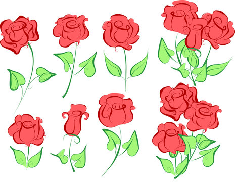 Vector set of roses in cartoon style.