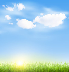 Fototapeta na wymiar Grass lawn with clouds and sun on blue sky