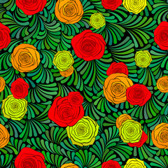 Seamless pattern with beautiful roses and abstract green grass