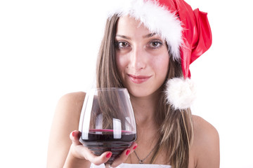 Happy Christmas Girl With Glass of Red Wine