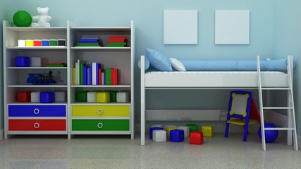 Empty picture frames in classic children room interior background on the decorative painted wall with ruber floor. Copy space image. 3d render
