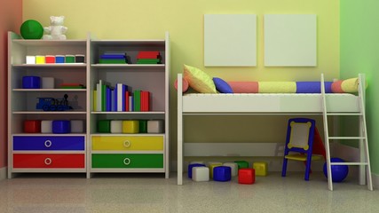 Empty picture frames in classic children room interior background on the decorative painted wall with ruber floor. Copy space image. 3d render