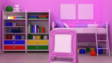 Empty picture frames in classic children room interior background on the decorative painted wall with ruber floor. Copy space image. 3d render