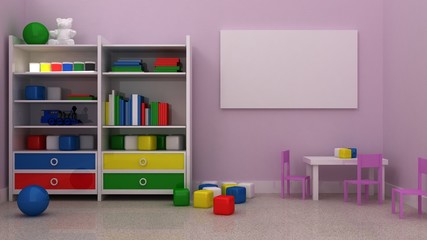 Empty picture frames in classic children room interior background on the decorative painted wall with ruber floor. Copy space image. 3d render